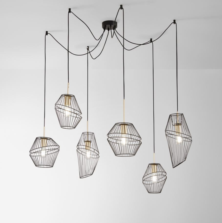 Sospensione 6 luci forma gabbietta in metallo nero finitura oro satinato 6XE27 non incl. KIKO Sospensione 6 luci forma gabbietta in metallo nero finitura oro satinato 6XE27 non incl. KIKO